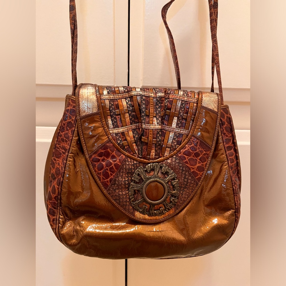 Sharif Patchwork Square Bronze Braided Crossbody - image 1